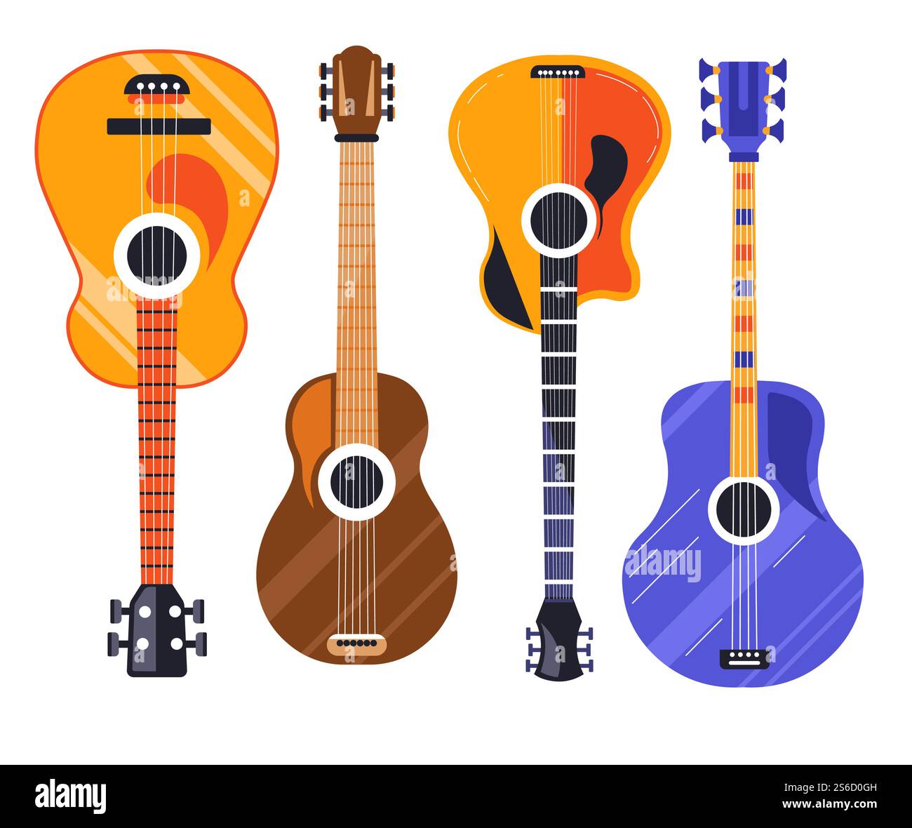 Chitarra classica in legno, strumento musicale a corda, icona vettoriale isolata. Chitarra acustica, musica rock o jazz dal vivo. Programmi musicali, dispositivi di produzione audio, riproduzione di brani e melodie. Icone isolate per chitarra, strumenti musicali a corda Illustrazione Vettoriale