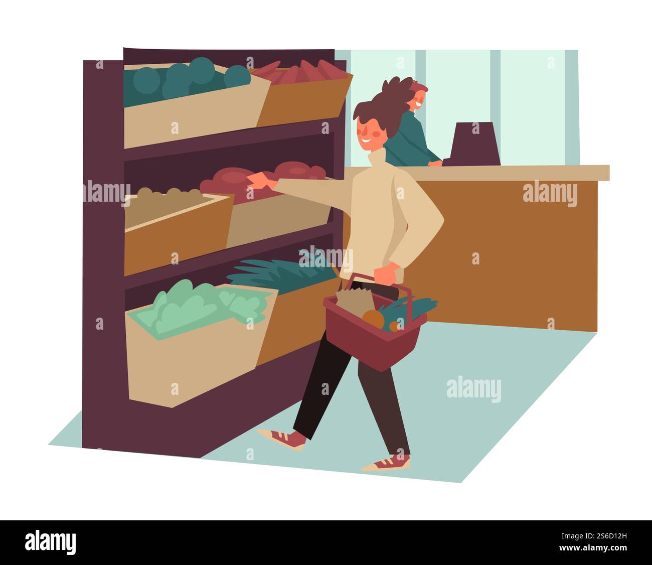 Ragazza che fa shopping in un negozio di alimentari, compra cibo in un supermercato vettore. Personaggio femminile che mette verdure nel cestino, donna in piedi vicino a scaffali con alimentari. Routine quotidiana, nutrizione sana, verdure. Donna che fa shopping in supermercato, acquista cibo o verdure in un negozio di alimentari Illustrazione Vettoriale