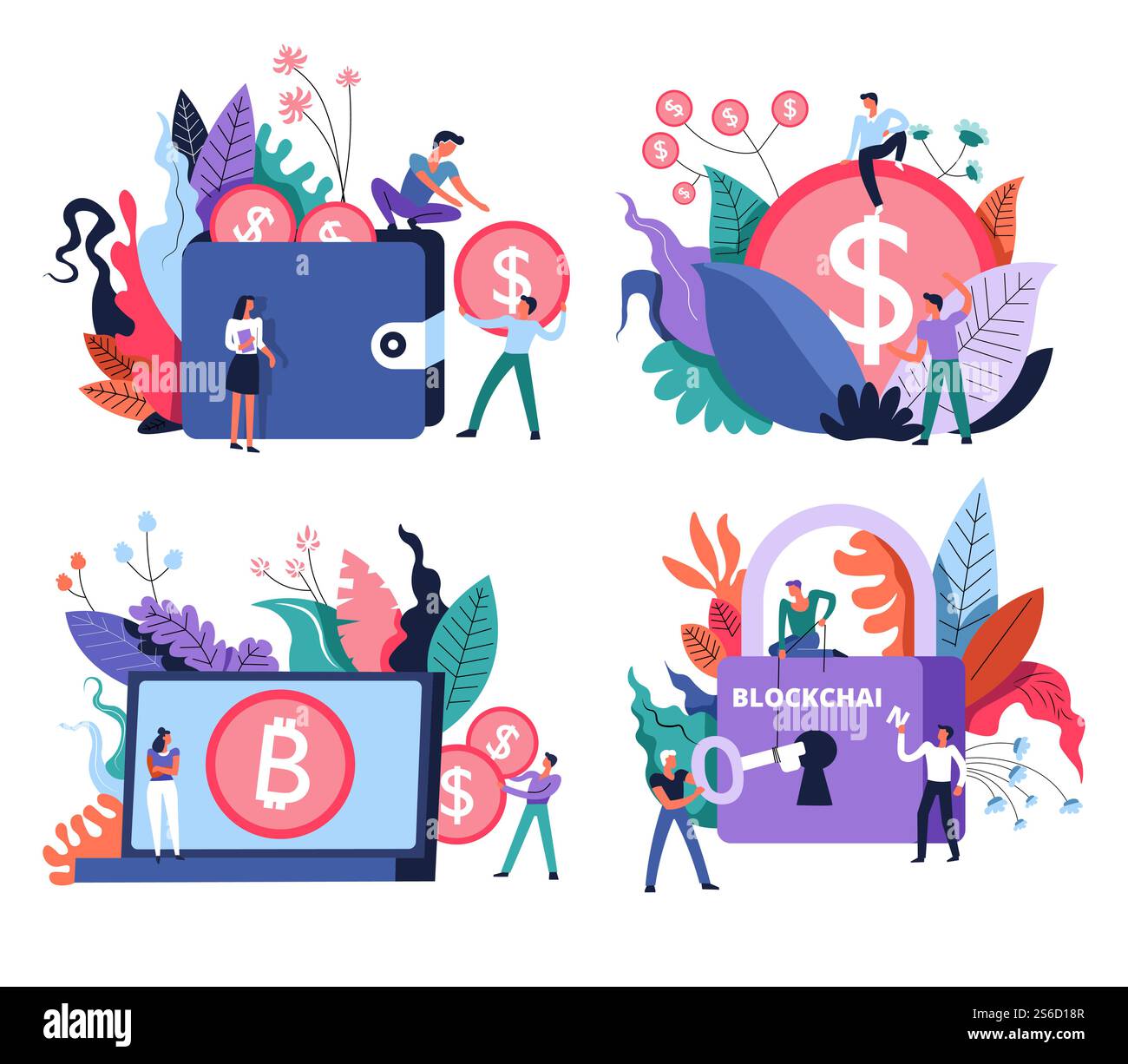Bitcoin mining e profitto, criptovaluta e sistema blockchain isolato vettore di icone. Portafoglio online e laptop, serratura e chiave. Denaro digitale e guadagni su Internet, tecnologie IT e finanza. Bitcoin mining e marketplace, valuta digitale e blockchain, icone isolate Illustrazione Vettoriale