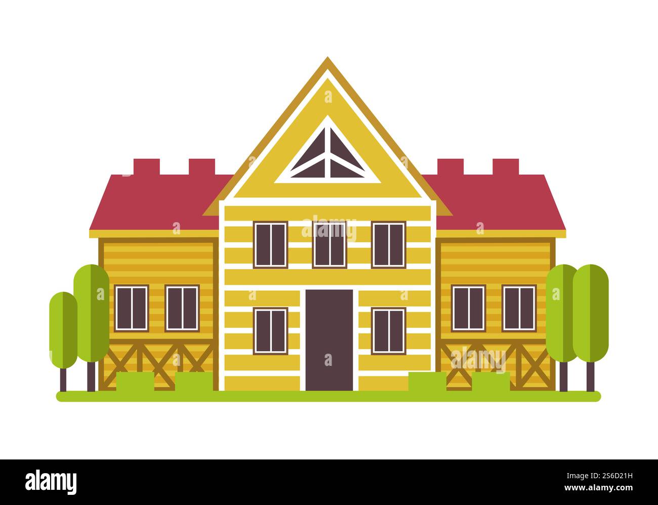 Casa o villa privata, immobili, edifici residenziali, Icon Vector isolato. Cottage o costruzione suburbana, casa di campagna con recinzione. L'esterno dell'hotel è circondato da prati e alberi e da un grande ingresso. Residenza suburbana o casa privata di campagna icona isolata Illustrazione Vettoriale