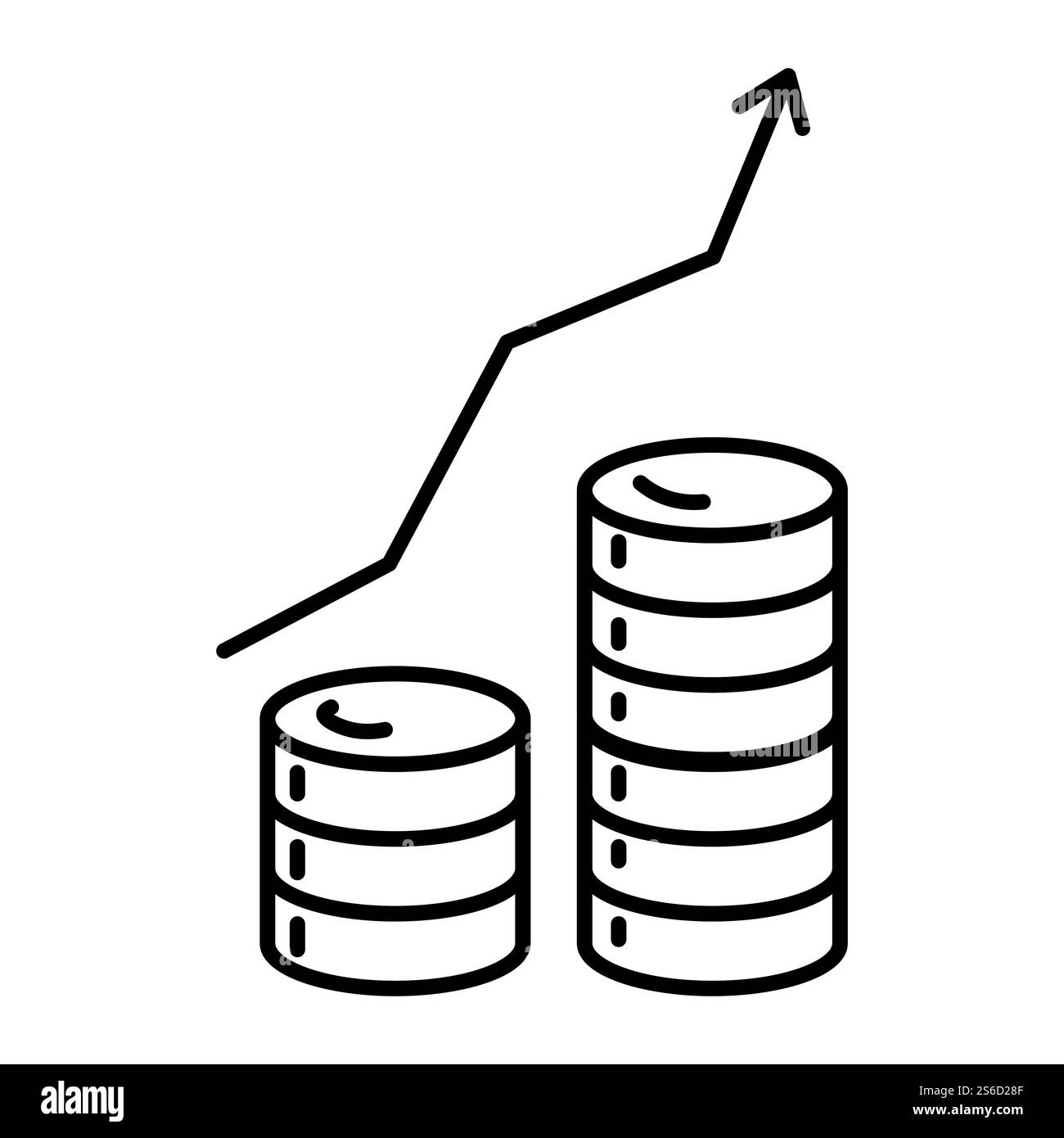 Grafico di aumento dei profitti, grafico di crescita degli investimenti, vettore di icone di linee isolate. Pila di monete e freccia, business e finanza, grafico di sviluppo. Banche ed economia, le statistiche finanziarie delineano il simbolo. Grafico di crescita degli investimenti, icona di linee isolate bancarie e finanziarie Illustrazione Vettoriale