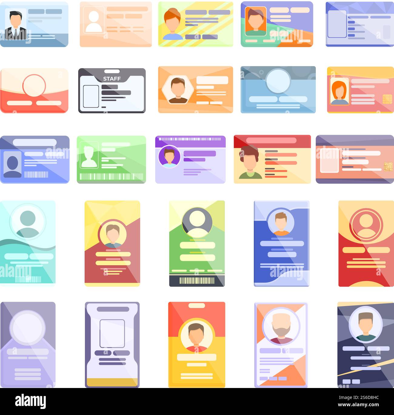 Set di icone della scheda ID. Set cartoni animati di icone vettoriali della carta d'identità per la progettazione Web. Set di icone della carta d'identità, stile cartone animato Illustrazione Vettoriale