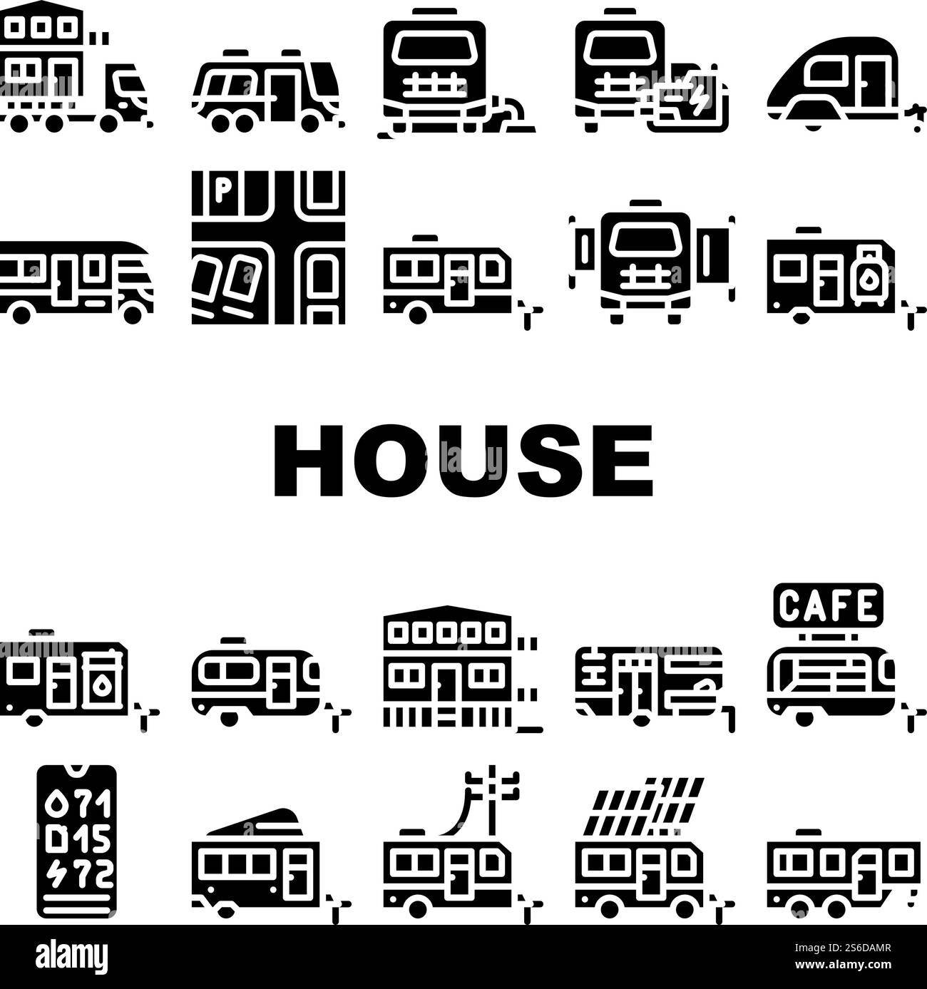 Set di icone della raccolta rimorchi Modular House Vector. Edificio con modulo estraibile e bombola di gas, trasporto di edifici e pittogrammi di glifi di controllo del livello di carica illustrazioni nere. Set di icone della raccolta rimorchi Modular House Vector Illustrazione Vettoriale