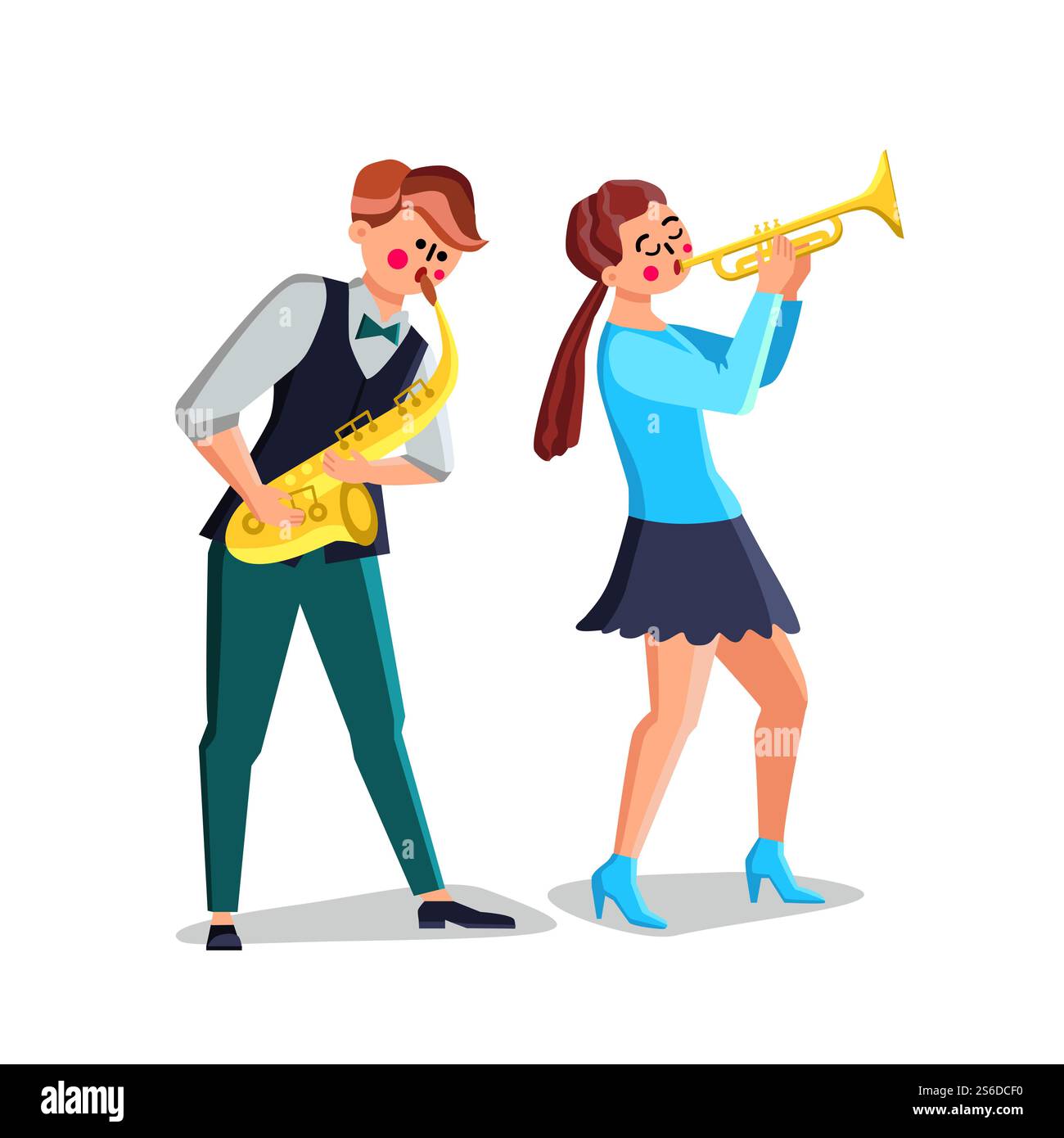 Musicisti che suonano con sassofono e tromba Vector. Young Man sassofonista e donna suona su strumenti musicali a tromba. Personaggi artisti Jazz Orchestra musica Flat Cartoon Illustration. Musicisti che suonano con sassofono e tromba Vector Illustrazione Vettoriale