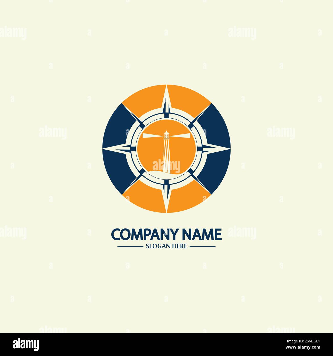 Modello di design con logo bussola e faro Illustrazione Vettoriale