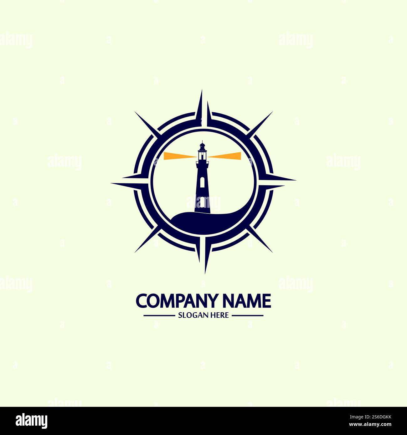 Modello di design con logo bussola e faro Illustrazione Vettoriale
