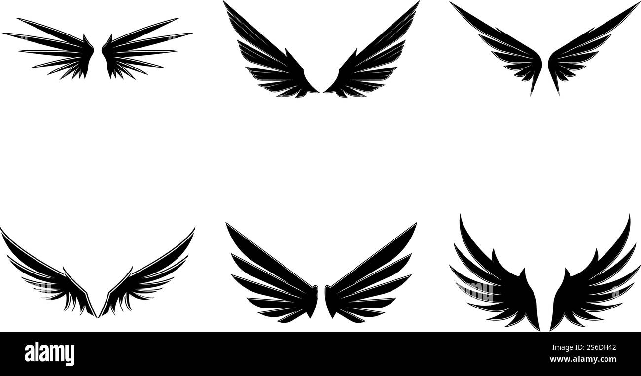 Wings nero icone vettore set. Design moderno e minimalista. Illustrazione Vettoriale