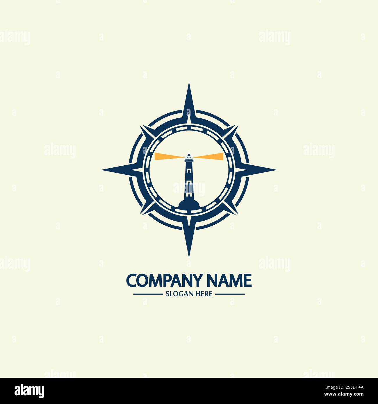 Modello di design con logo bussola e faro Illustrazione Vettoriale