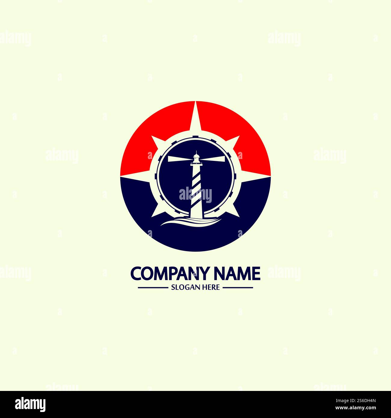 Modello di design con logo bussola e faro Illustrazione Vettoriale