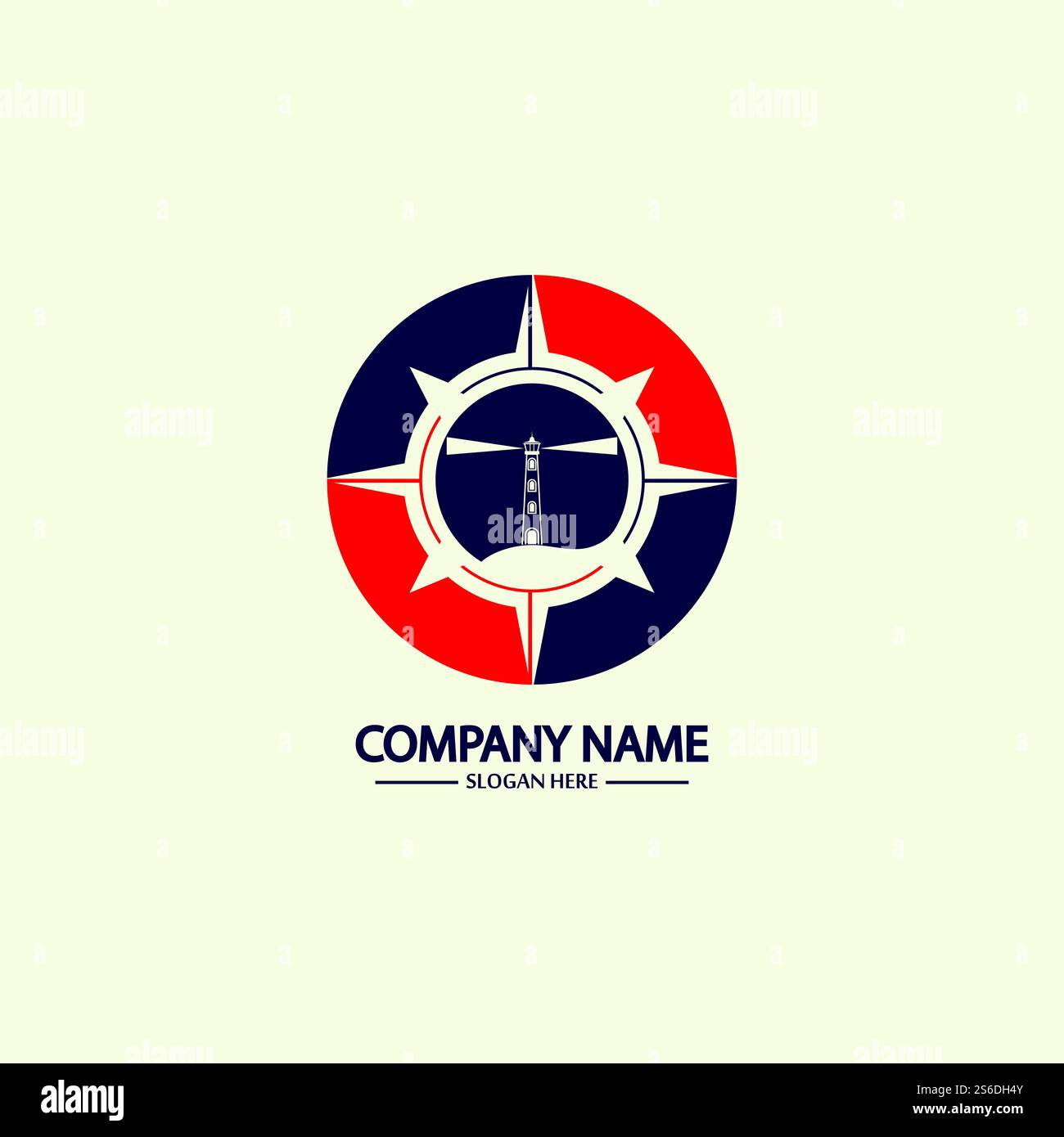 Modello di design con logo bussola e faro Illustrazione Vettoriale