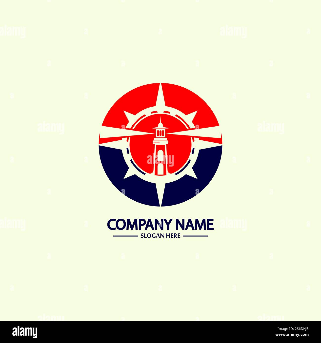 Modello di design con logo bussola e faro Illustrazione Vettoriale