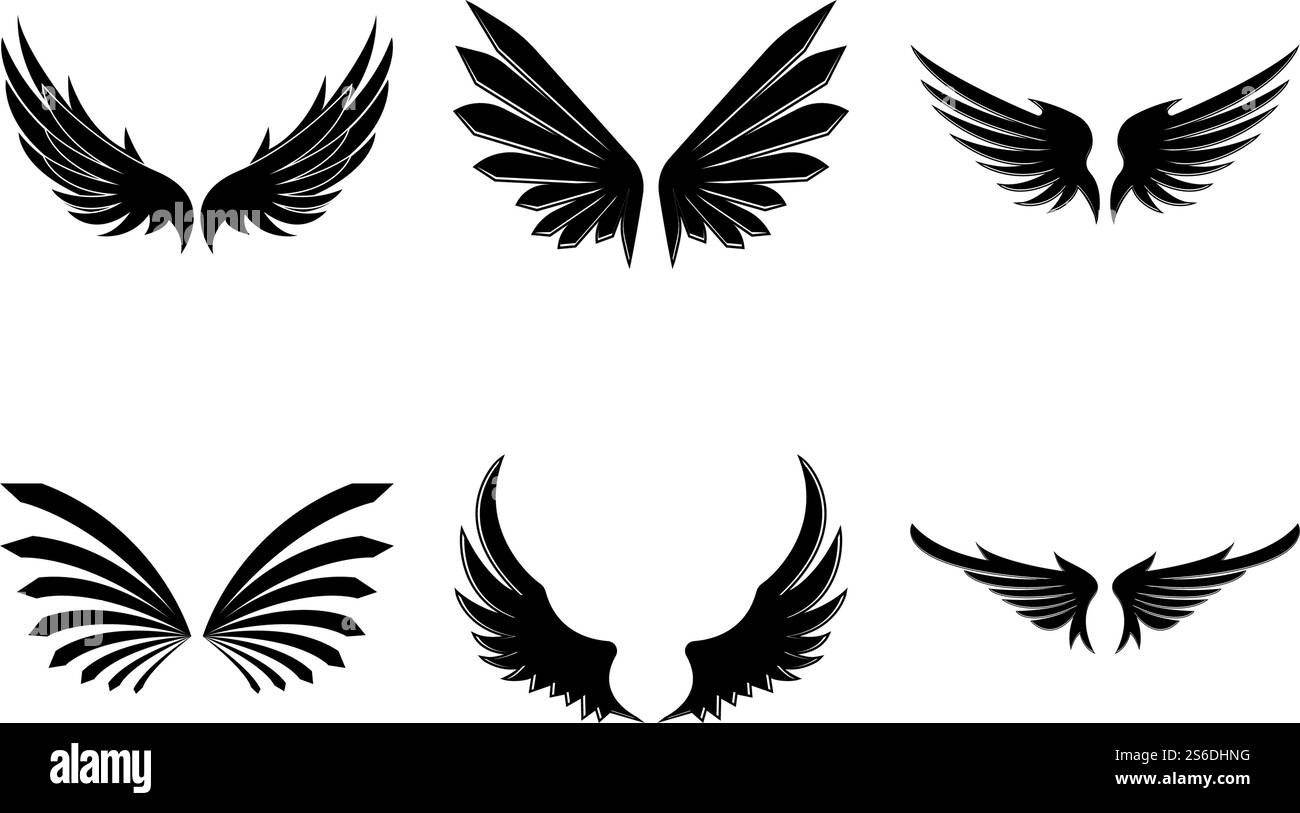 Wings nero icone vettore set. Design moderno e minimalista. Illustrazione Vettoriale