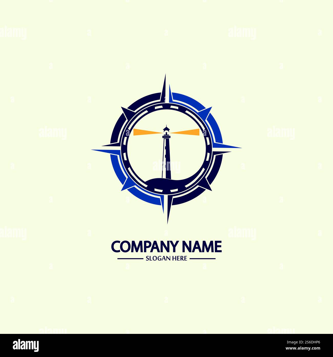 Modello di design con logo bussola e faro Illustrazione Vettoriale