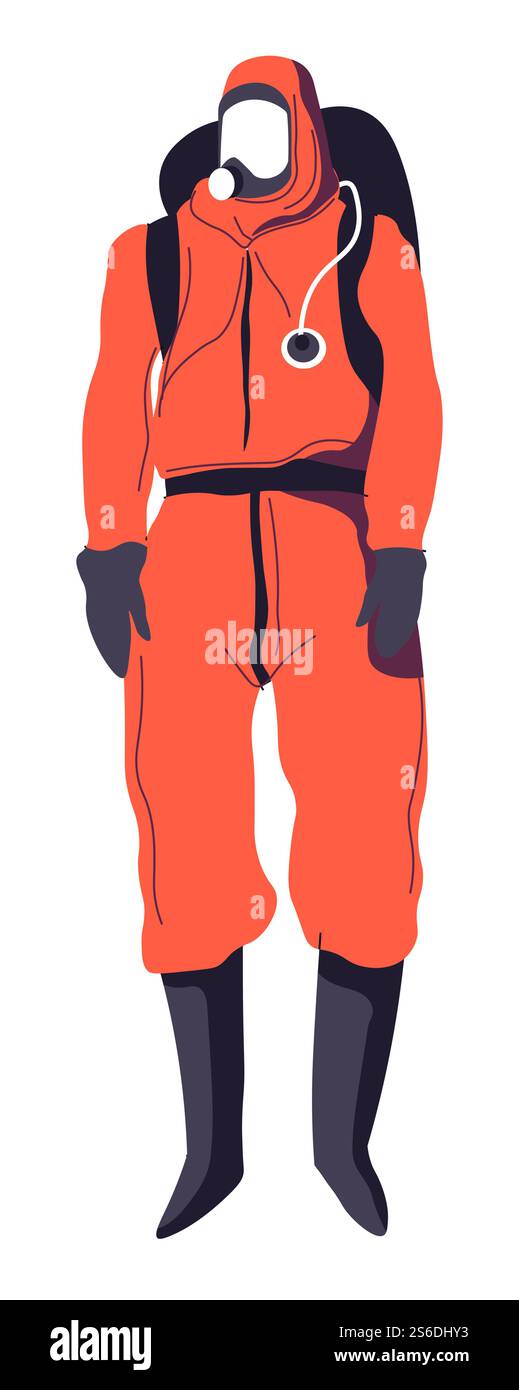 Tuta protettiva da radiazioni, inquinamento o sostanze a rischio biologico e trasmissione di malattie. Indumenti di sicurezza indossati dai lavoratori dei servizi di disinfezione, dal personale medico. Pericolo di coronavirus, vettore. HAZMAT vestito di servizio di disinfezione, lavoratori di laboratorio, personale medico Illustrazione Vettoriale