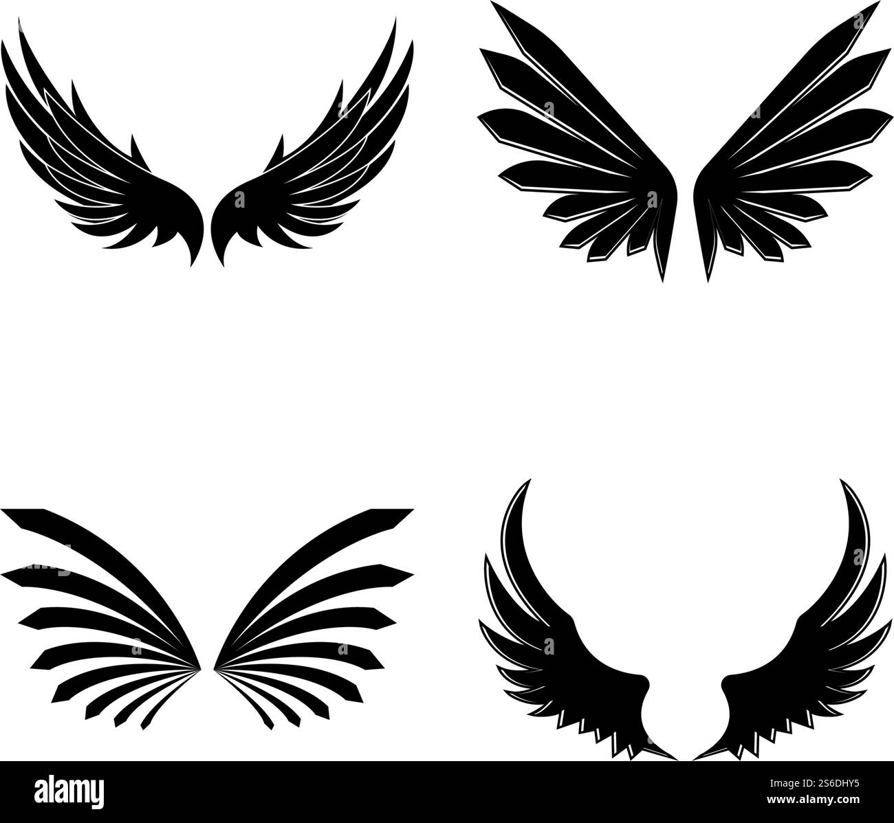 Wings nero icone vettore set. Design moderno e minimalista. Illustrazione Vettoriale