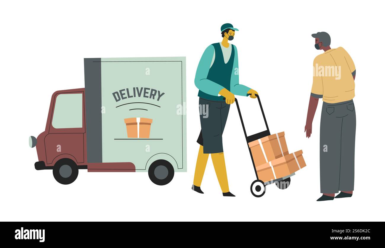 Aziende che consegnano ordini per i clienti durante il blocco del coronavirus, lavoratori in quarantena. Logistica e trasporto di pacchi, merci e prodotti acquistati per i clienti, vettoriale in stile piatto. Società di consegna che lavora durante il blocco del coronavirus, servizi logistici Illustrazione Vettoriale