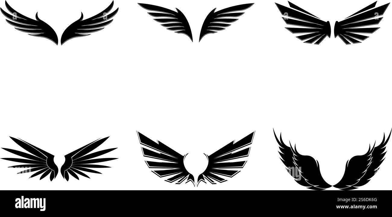Wings nero icone vettore set. Design moderno e minimalista. Illustrazione Vettoriale