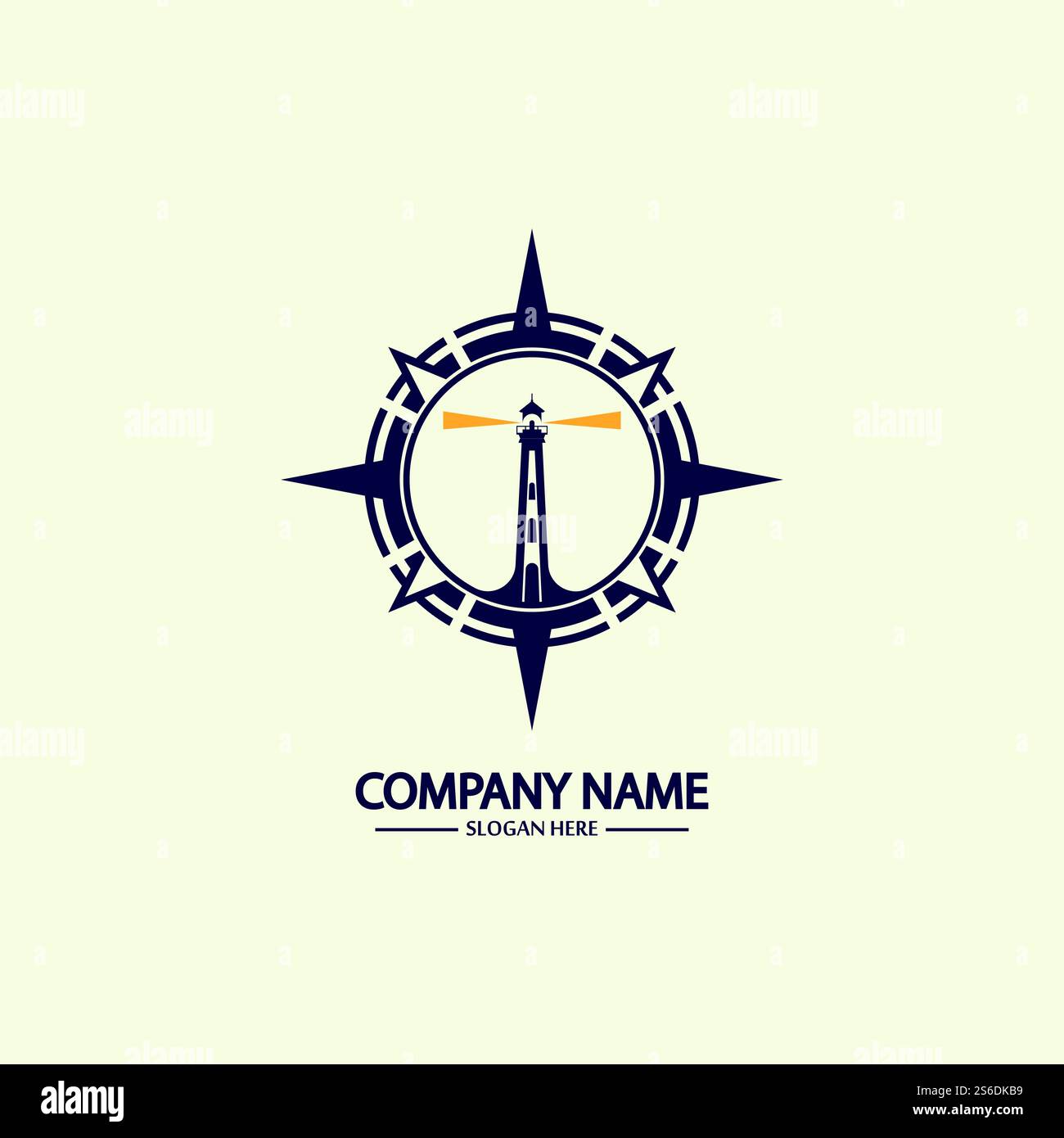 Modello di design con logo bussola e faro Illustrazione Vettoriale