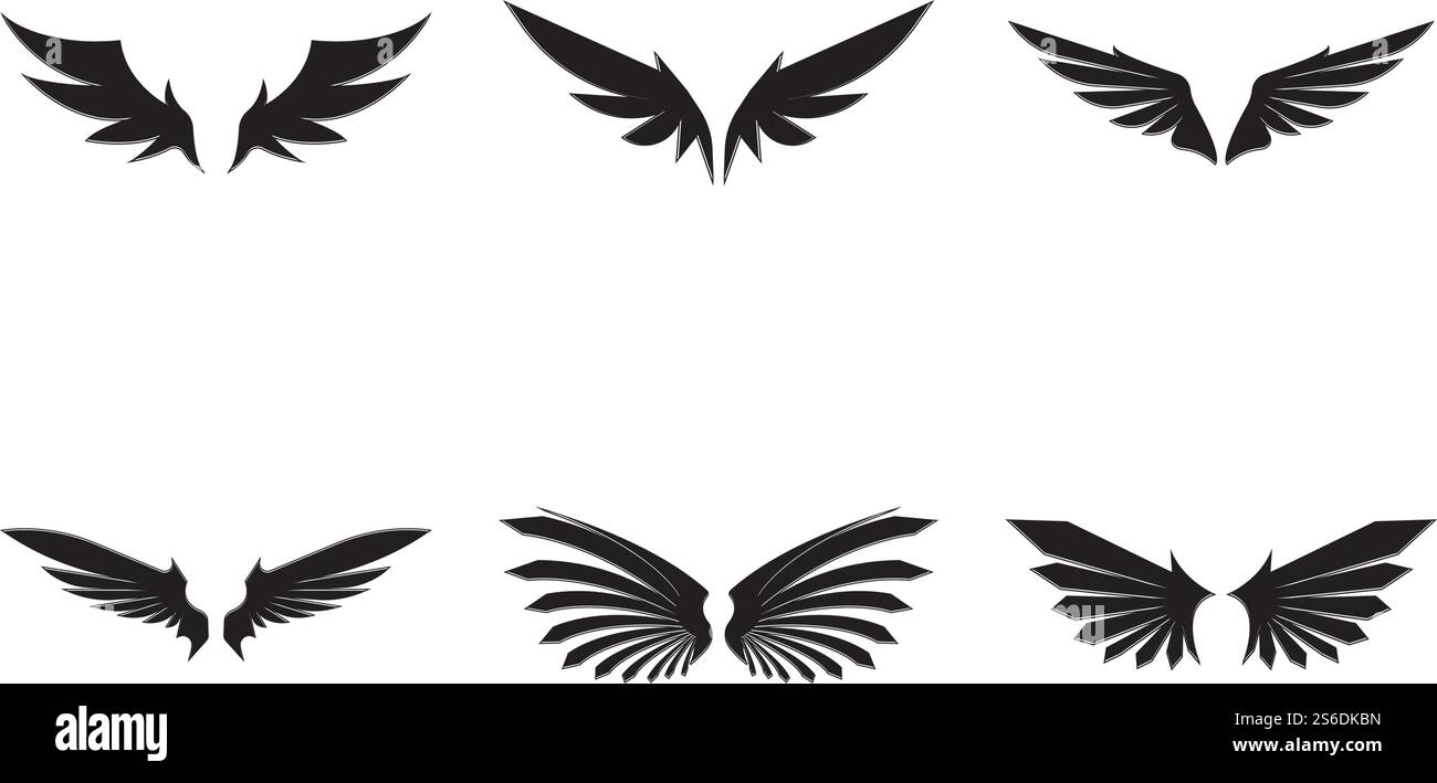 Wings nero icone vettore set. Design moderno e minimalista. Illustrazione Vettoriale
