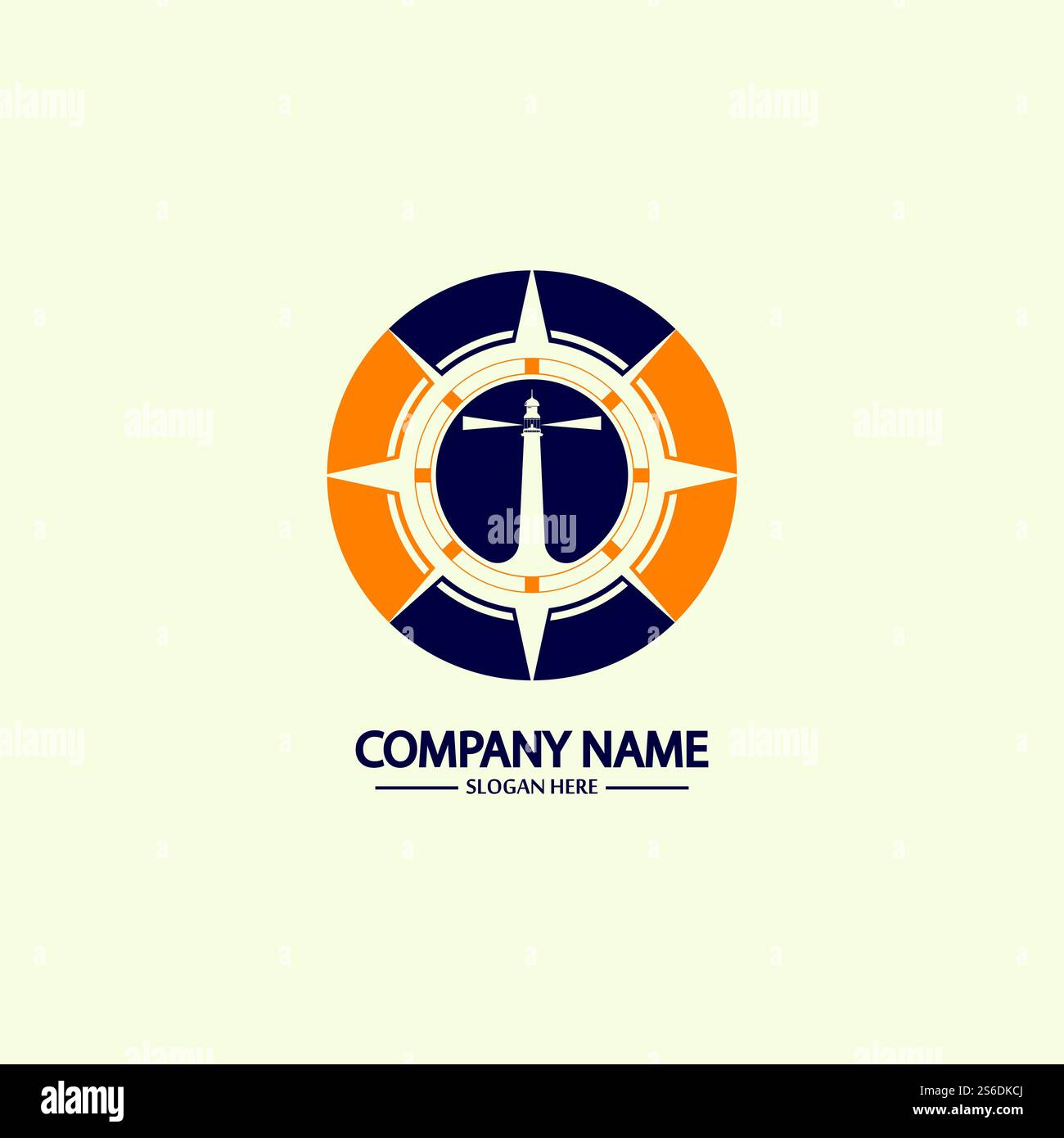 Modello di design con logo bussola e faro Illustrazione Vettoriale