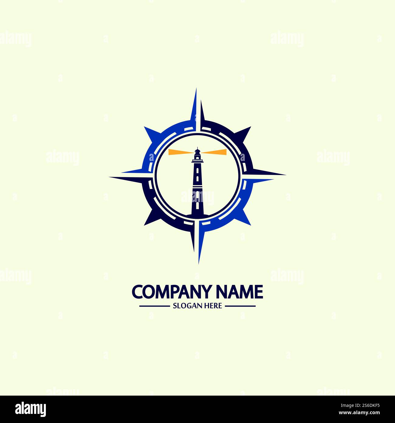 Modello di design con logo bussola e faro Illustrazione Vettoriale