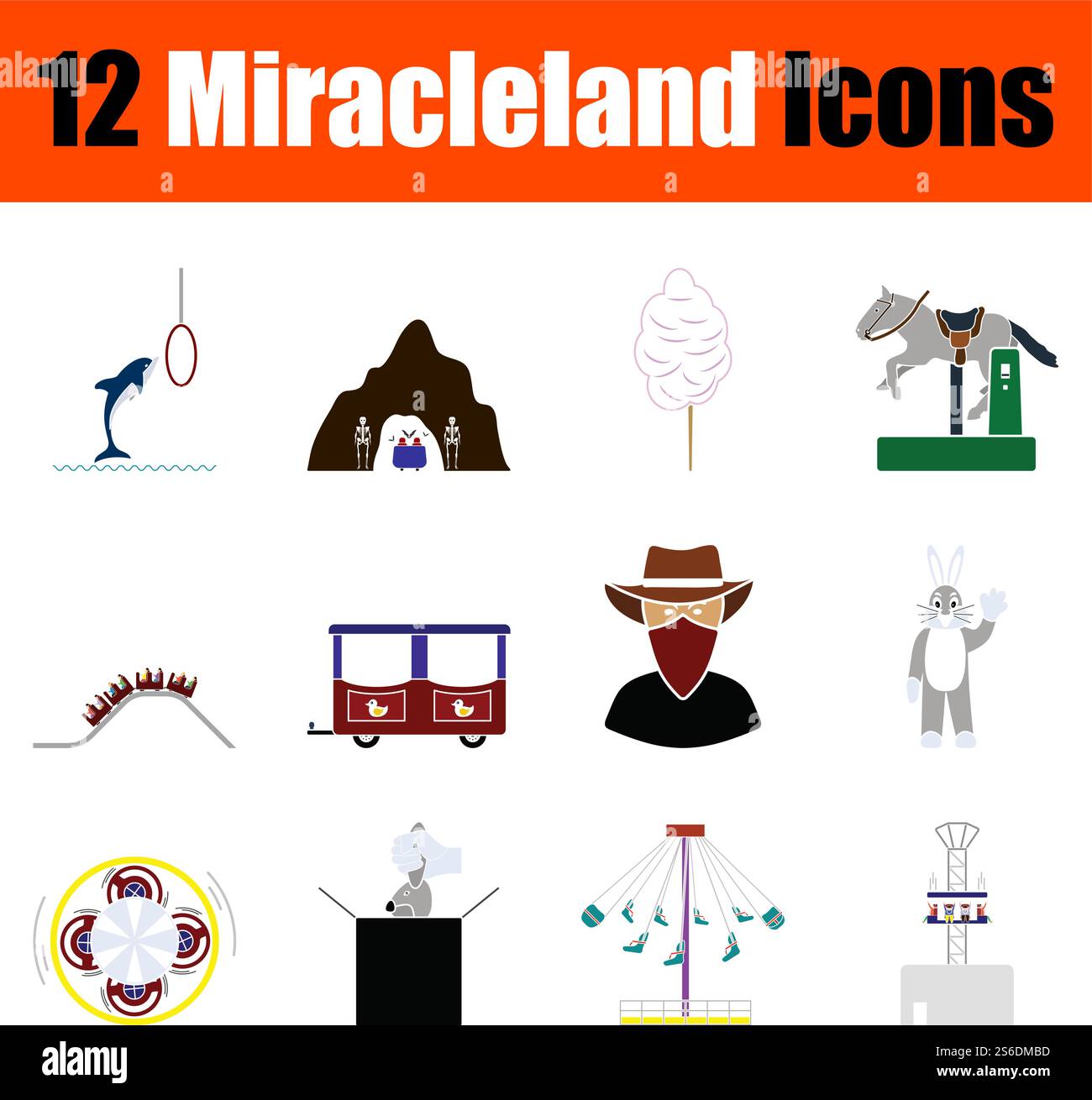 Set di icone Miracleland. Design piatto. Illustrazione vettoriale completamente modificabile. Testo espanso. Illustrazione Vettoriale