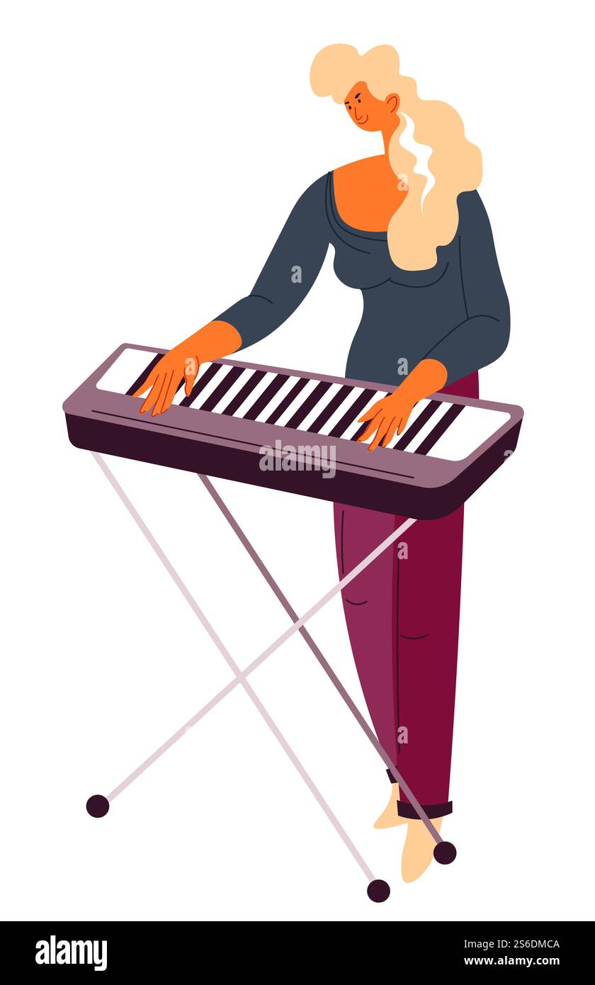 Personaggio femminile che suona la tastiera al pianoforte, esecutore isolato con strumento. Giocatore professionista o esecutore. Lezioni di hobby o musica, canzoni strumentali e melodie. Vettore in stile piatto. Pianista che suona alla tastiera, musicista con strumento Illustrazione Vettoriale