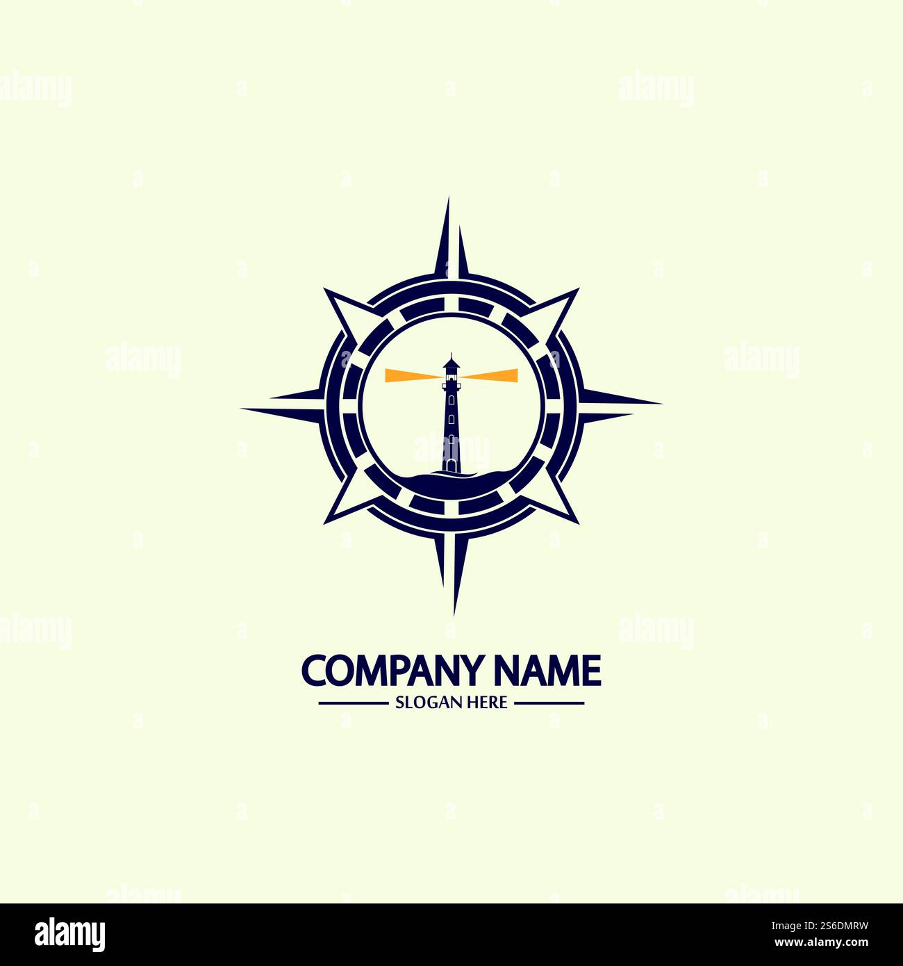 Modello di design con logo bussola e faro Illustrazione Vettoriale