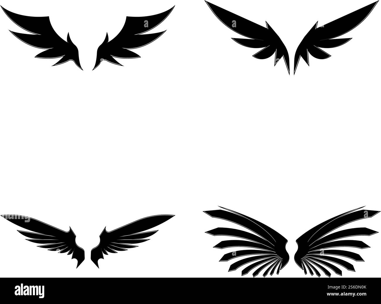Wings nero icone vettore set. Design moderno e minimalista. Illustrazione Vettoriale