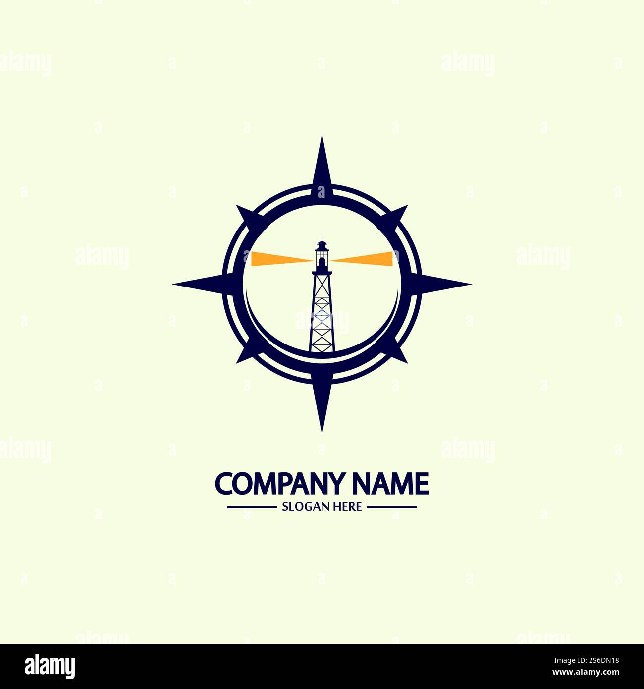 Modello di design con logo bussola e faro Illustrazione Vettoriale
