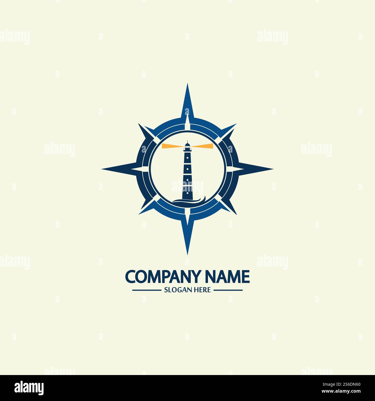 Modello di design con logo bussola e faro Illustrazione Vettoriale