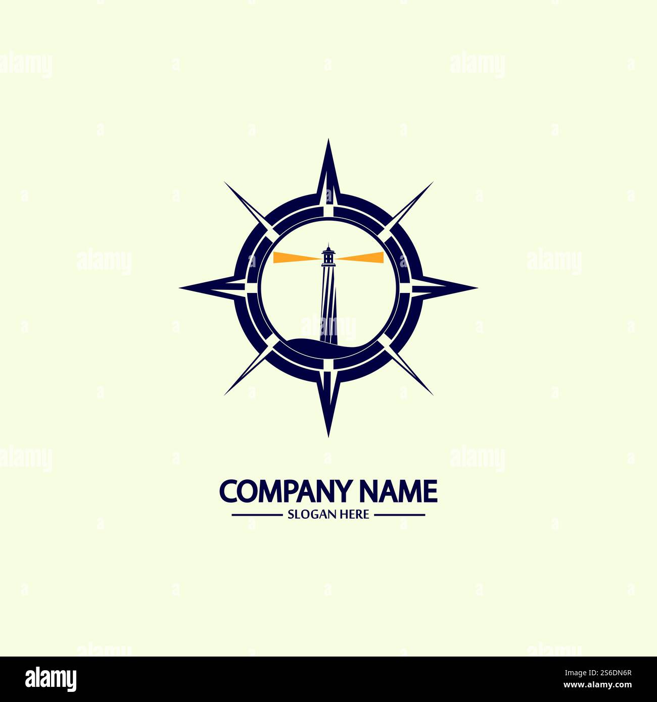 Modello di design con logo bussola e faro Illustrazione Vettoriale