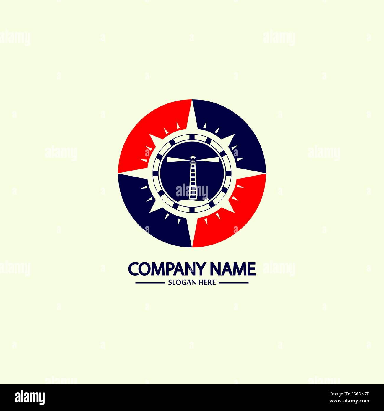 Modello di design con logo bussola e faro Illustrazione Vettoriale