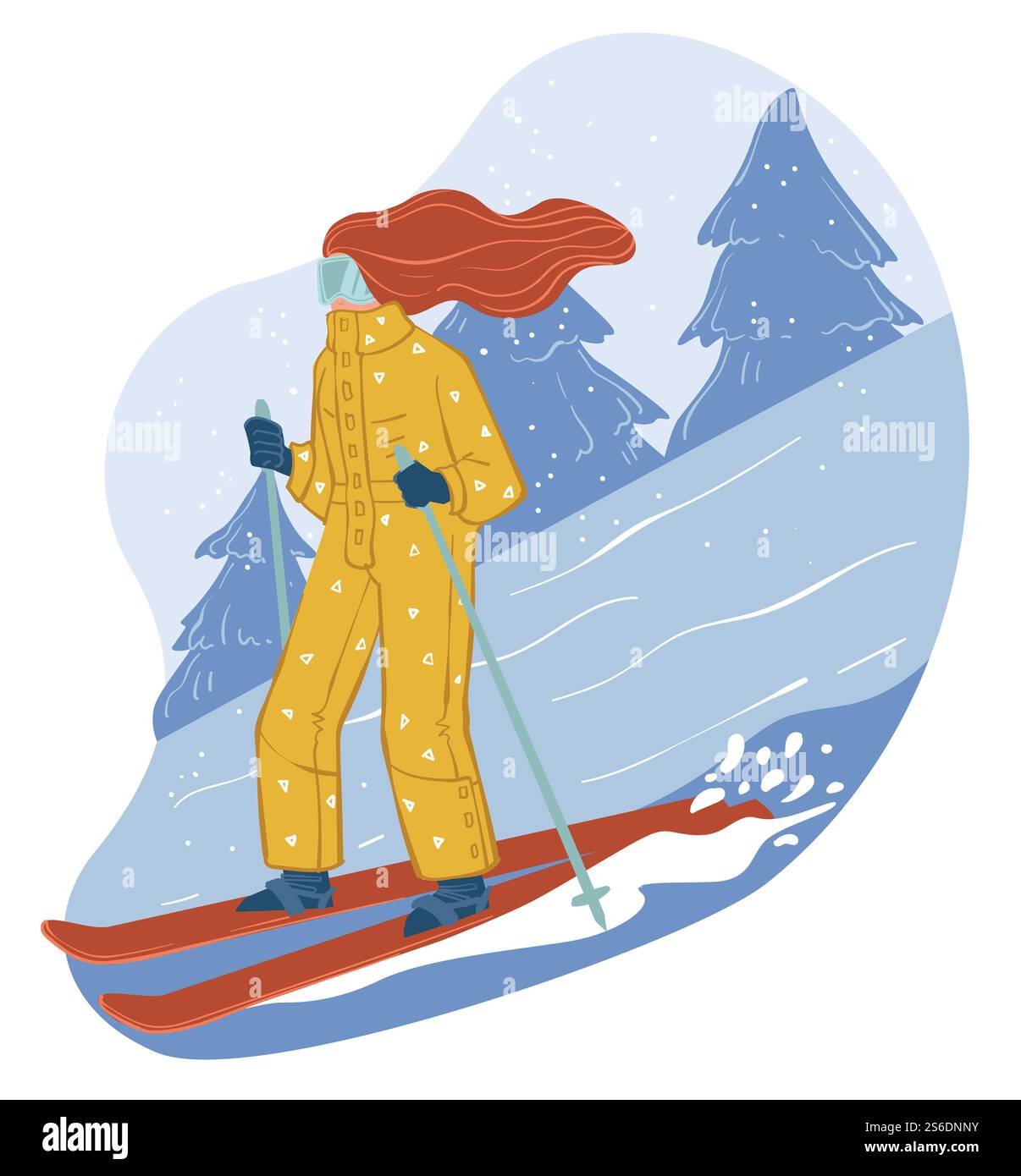 Passatempi invernali e relax nella stazione sciistica. Donna che conduce uno stile di vita attivo in discesa dotata di pali e sci. Avventura invernale, freeride o competizione. Vettore in stile piatto. Sci in località invernale, hobby vettoriali in inverno Illustrazione Vettoriale