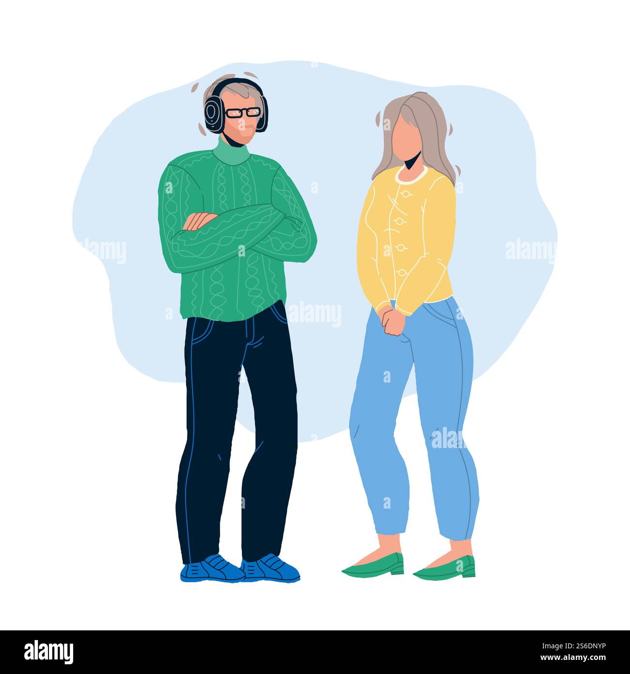 Generazione X uomo e donna che stanno insieme Vector. White Hair Husband ascolta musica in cuffie e stare vicino alla moglie generazione X persone coppia. Illustrazione dei caratteri del cartone animato piatto. Generazione X uomo e donna che stanno insieme Vector Illustrazione Vettoriale