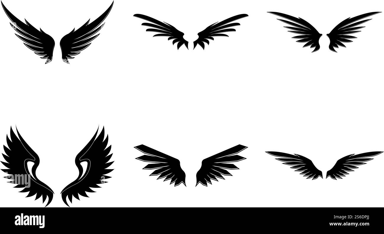 Wings nero icone vettore set. Design moderno e minimalista. Illustrazione Vettoriale