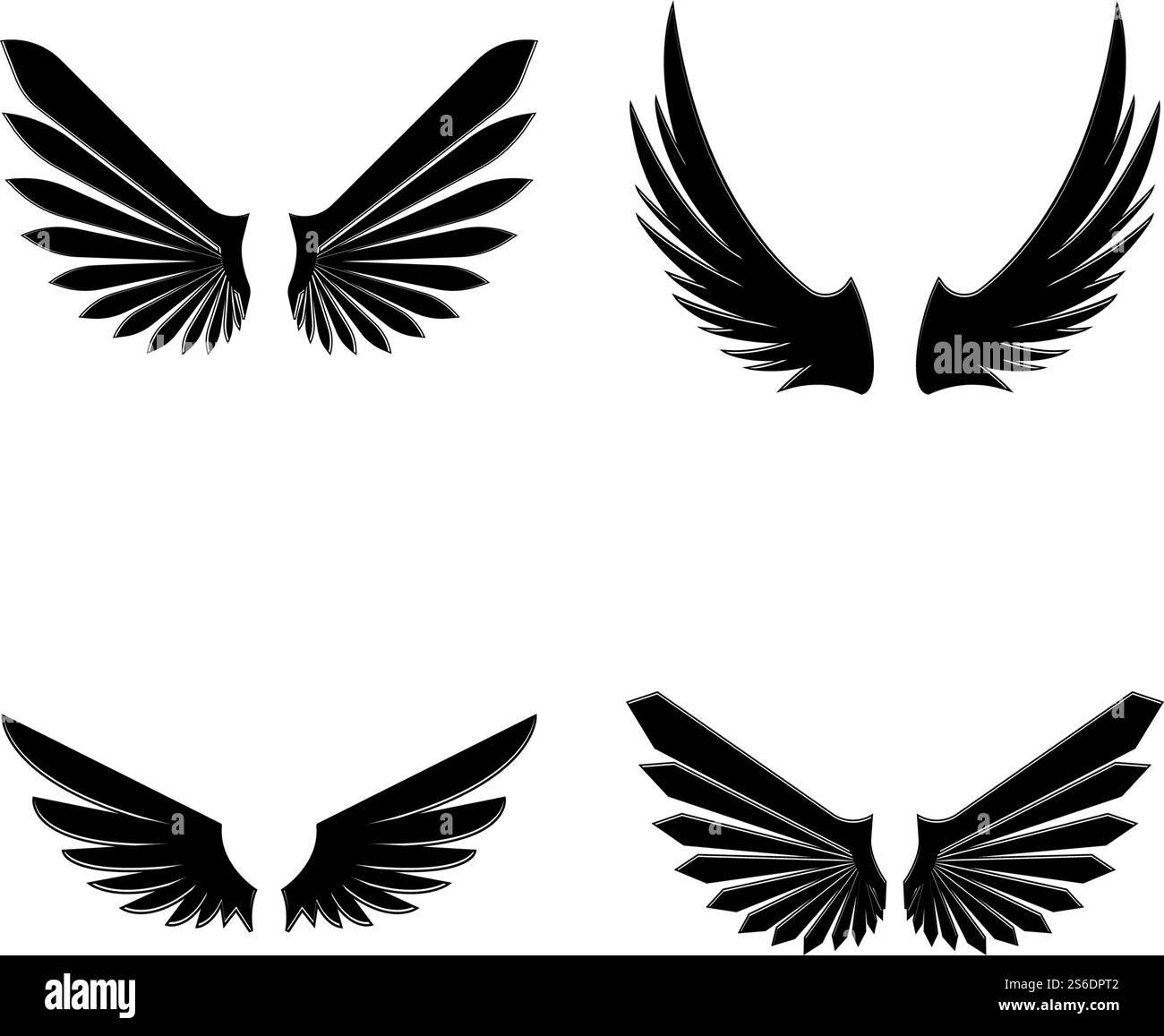 Wings nero icone vettore set. Design moderno e minimalista. Illustrazione Vettoriale