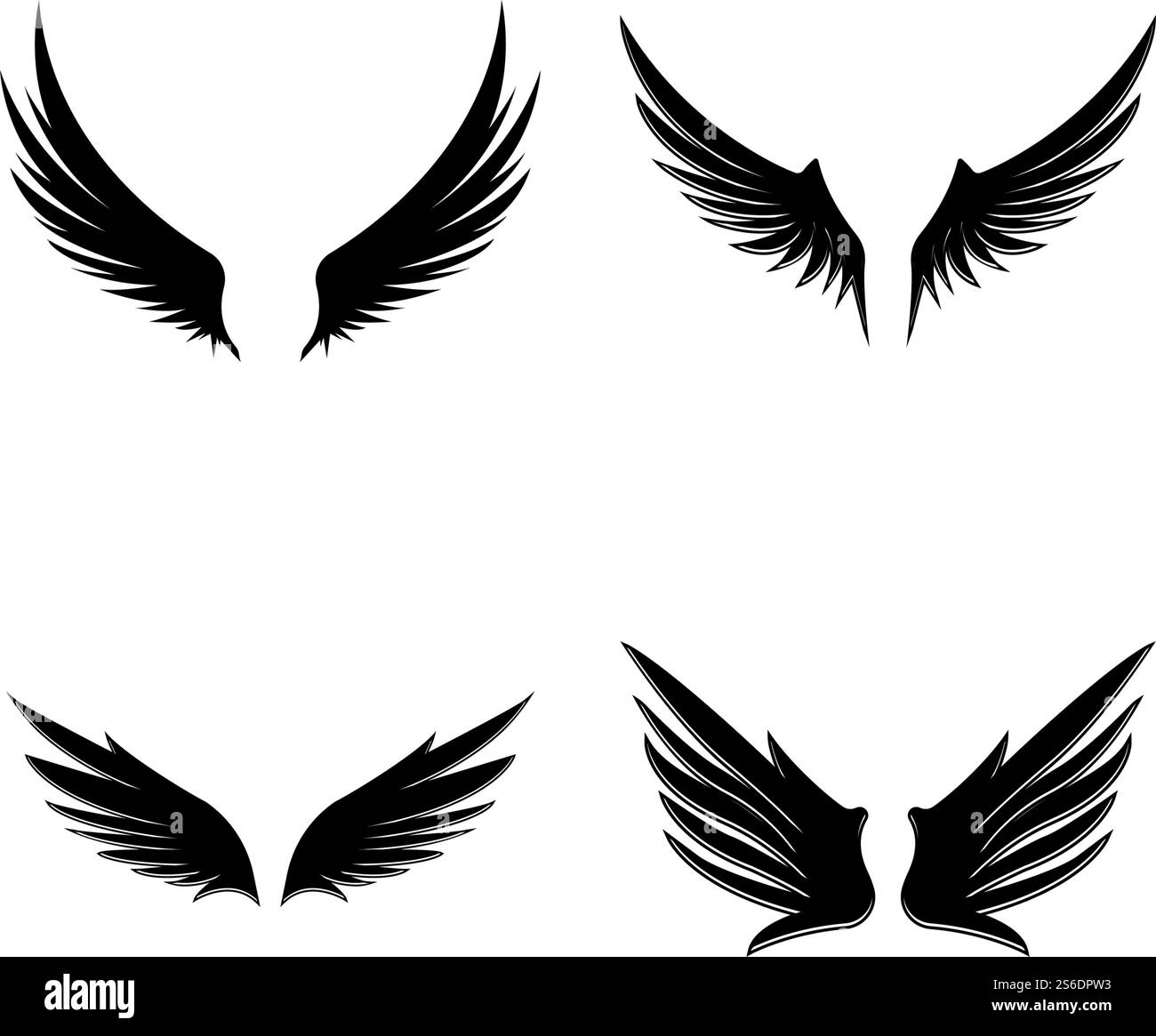 Wings nero icone vettore set. Design moderno e minimalista. Illustrazione Vettoriale