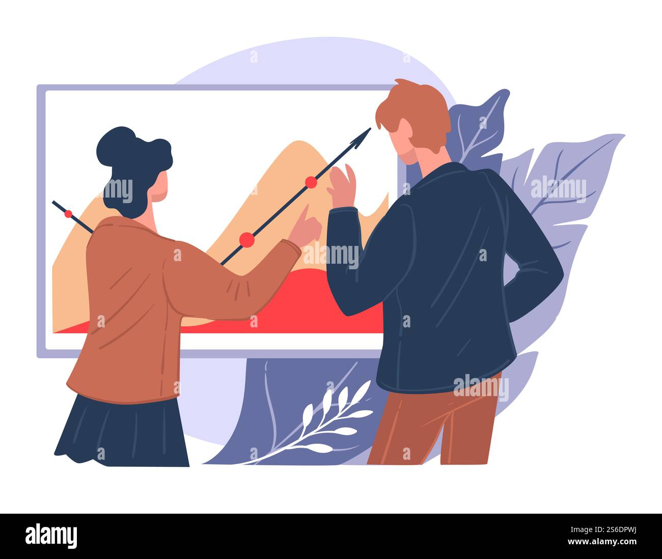 Persone aziendali che pianificano una nuova strategia aziendale, implementano innovazioni e guidano l'azienda verso il successo. Gestione e aumento dei profitti. Uomo e donna che guardano il grafico, vettoriale in stile piatto. Dipendenti che pensano alla strategia aziendale sul lavoro, alla pianificazione e alla gestione Illustrazione Vettoriale