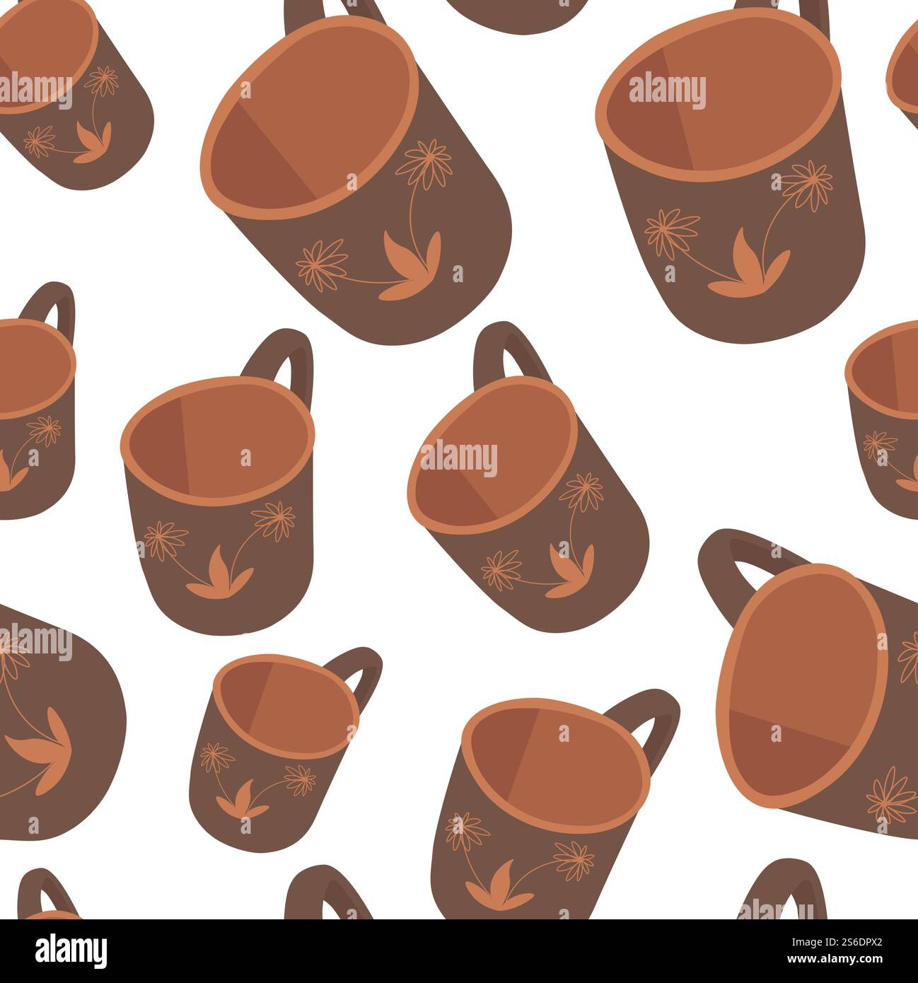 Tazza in argilla con stampa floreale senza cuciture. Tazza con manico per tè o caffè e bevande calde. Stoviglie da caffetteria, utensili da cucina per bevande. Pulire il contenitore vuoto per il vettore del liquido in piano. Tazza vuota con manico per bevande calde senza cuciture Illustrazione Vettoriale