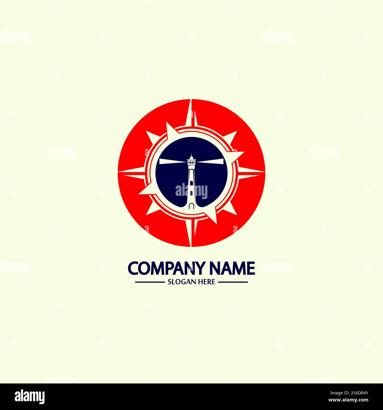 Modello di design con logo bussola e faro Illustrazione Vettoriale