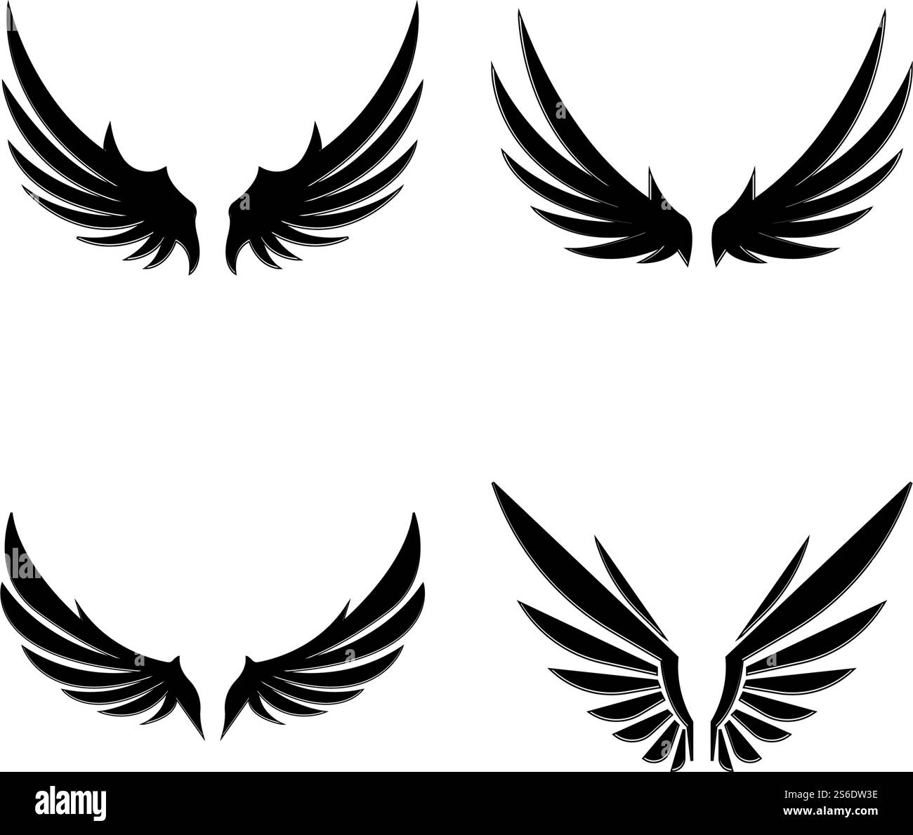 Wings nero icone vettore set. Design moderno e minimalista. Illustrazione Vettoriale