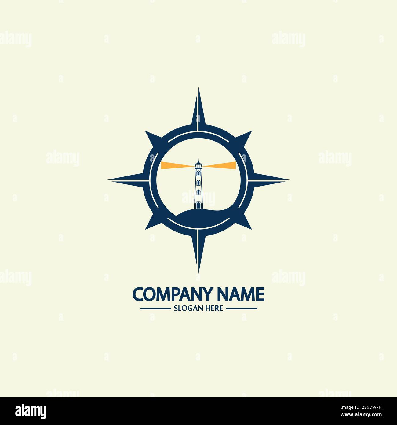 Modello di design con logo bussola e faro Illustrazione Vettoriale