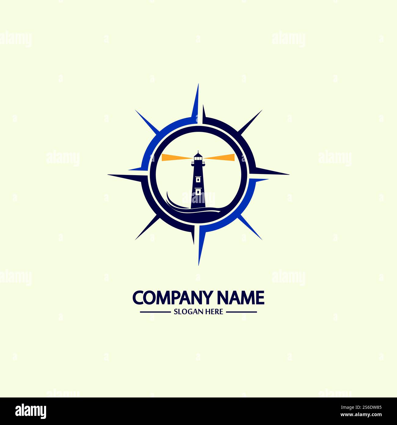 Modello di design con logo bussola e faro Illustrazione Vettoriale