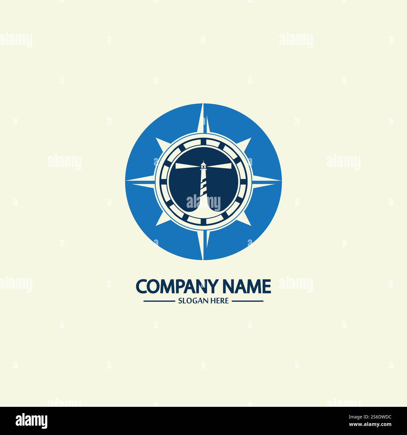 Modello di design con logo bussola e faro Illustrazione Vettoriale