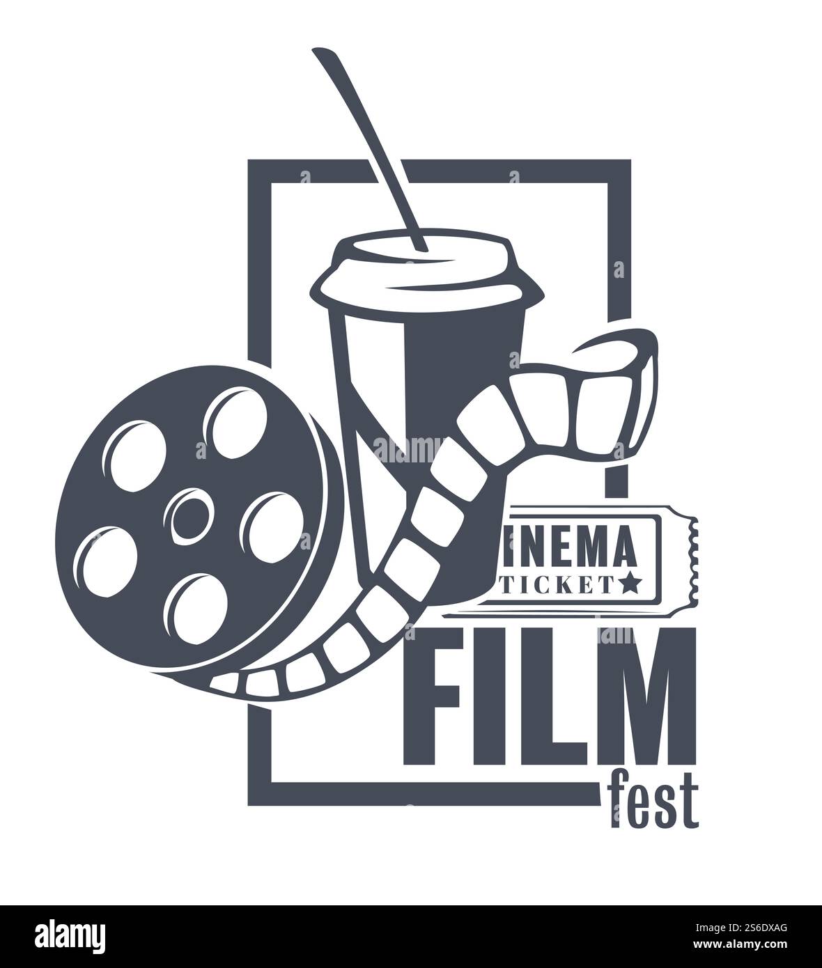 Banner per festival cinematografici, bevanda analcolica in tazza di plastica e pellicola. Presentazione della rassegna cinematografica di nuova produzione, industria cinematografica multimediale e cinematografica. Etichetta vintage, vettoriale in stile piatto. Striscione per la festa del cinema con pellicola e bevanda analcolica Illustrazione Vettoriale