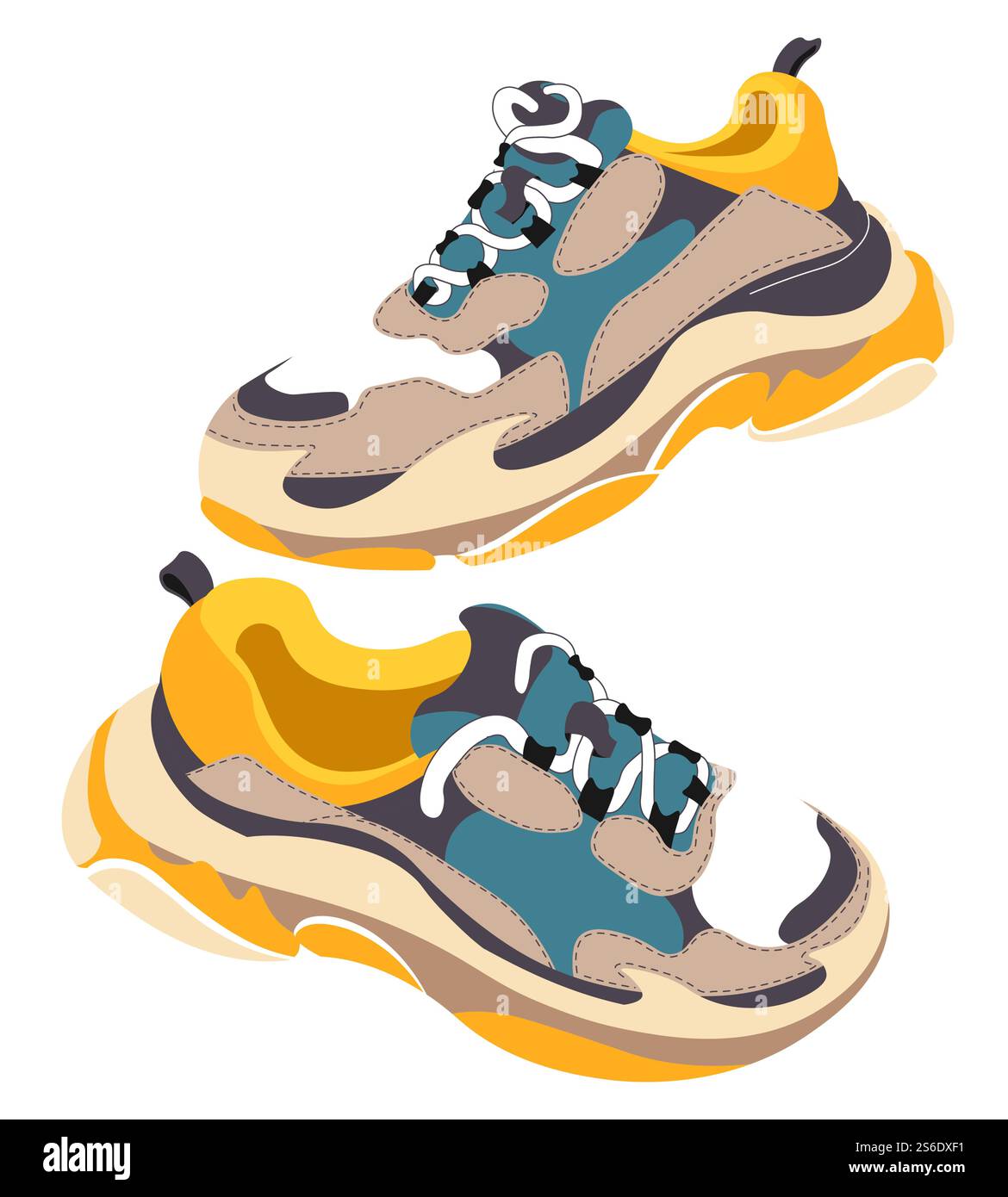 Scarpe da ginnastica alla moda per allenarsi e fare sport. Scarpe isolate con lacci colorati e pelle. Abbigliamento sportivo per running, Street style e abbigliamento alla moda. Vettore in piano. Sneaker alla moda e alla moda per l'allenamento vettoriale Illustrazione Vettoriale