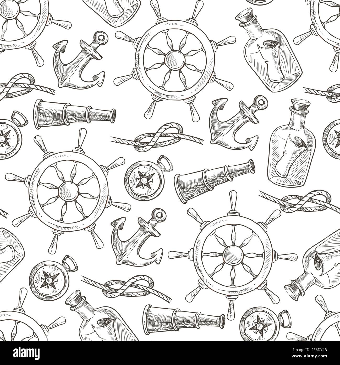 Oggetti nautici ancore e tubo di zoom motivo senza cuciture. Oggetti di viaggio, bottiglia di vetro con lettera, volante, fune con nodo. Antiche spedizioni via mare. Contorno di schizzo monocromatico, vettore. Viaggia in mare o oceano, ancora e ruota senza cuciture Illustrazione Vettoriale