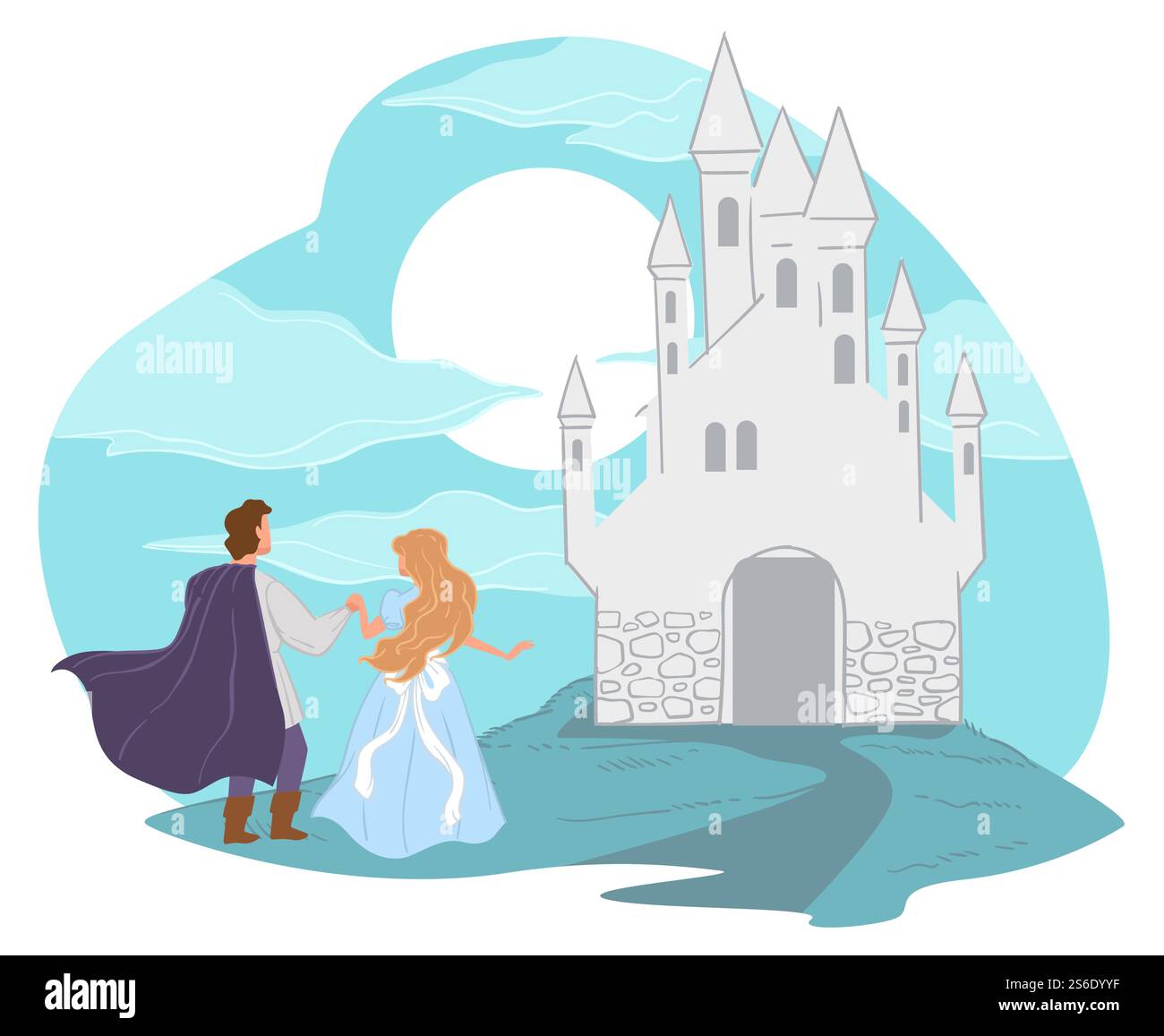 Personaggi fiabeschi e castello fantastico con torri alte. Felice fine delle storie per i bambini. Regno del principe. Principessa felice innamorata di ragazzo. Abbracciare uomo e donna al forte. Vettore in stile piatto. Principe che conduce la principessa al regno, fiaba Illustrazione Vettoriale
