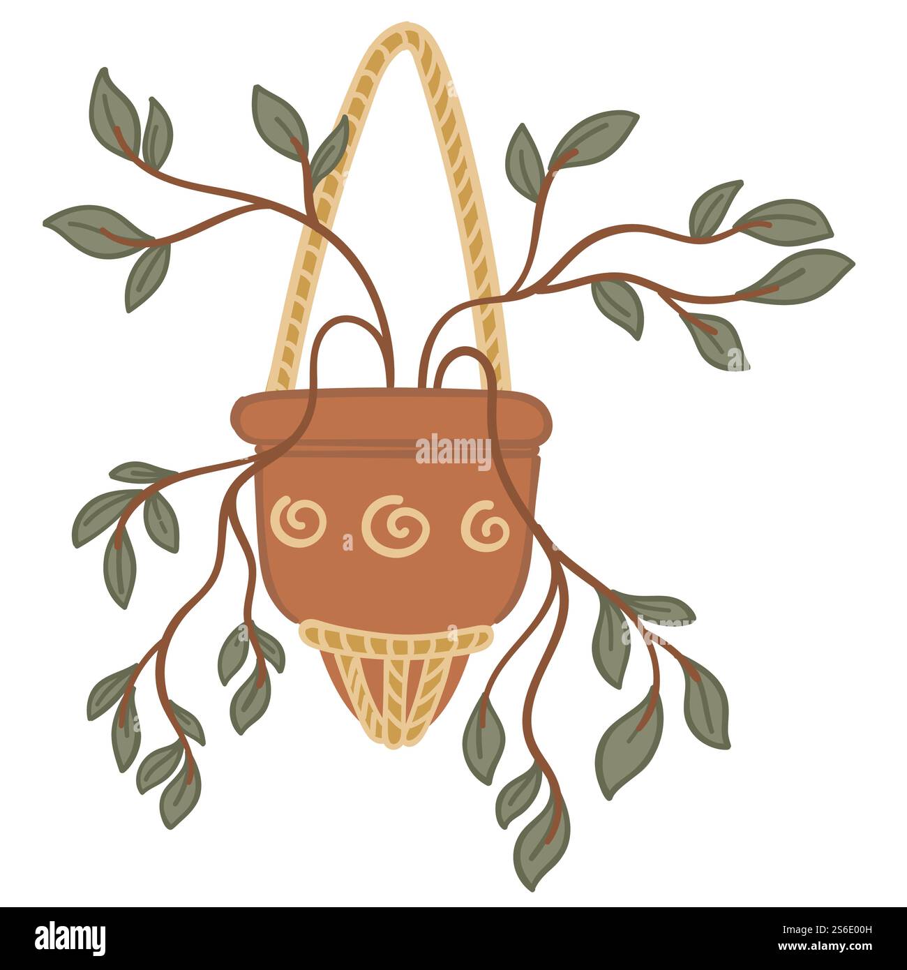 Pianta di casa appesa al filo, icona isolata di pianta con piccole foglie. Fogliame di flora botanica, design di casa e decorazione per interni. Succulento nel cestello. Vettore in stile piatto. Pianta di casa in vaso, fiore con piccole foglie in vaso Illustrazione Vettoriale